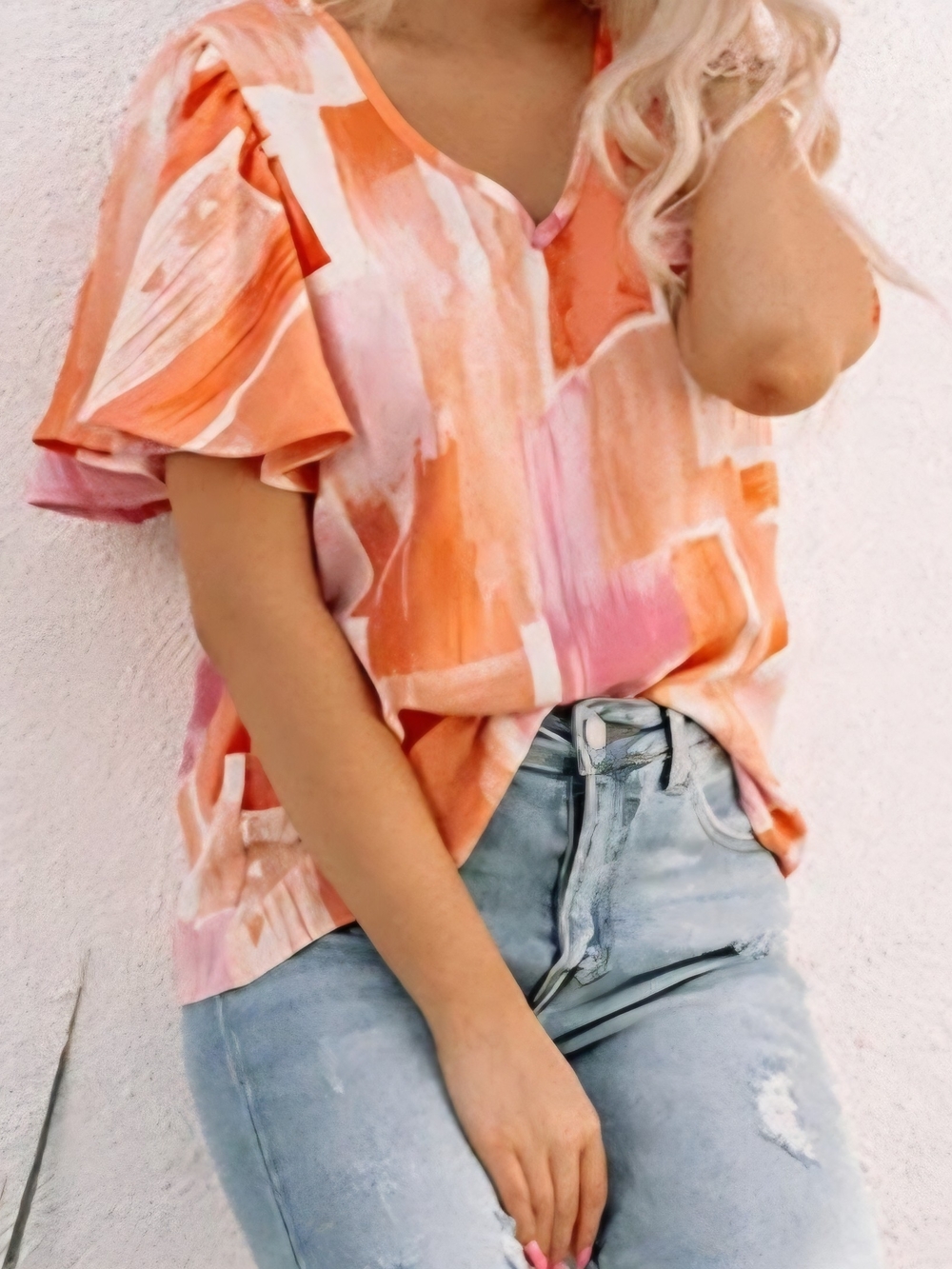 entro Pink & Orange Abstract Flutter-Sleeve Blouse